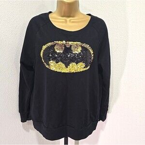 Batman DC Comics Fleece Sequin Shirt Large Black Gold Reversible Sequins Leisure